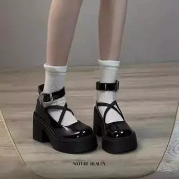 Женская обувь Брендовые лоферы Женские туфли на высоком каблуке Модные туфли-лодочки с пряжкой и ремешком для платья Женская распродажа Туфли на платформе с круглым носком 35 чёрный