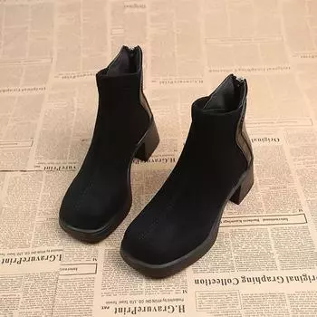 Женская обувь Брендовые женские ботинки с застежкой-молнией сзади Модные пошивочные женские ботинки с квадратным носком Новые теплые ботинки на квадратном каблуке Zapatos 35