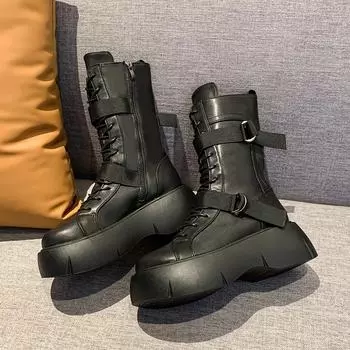 Женская обувь Брендовые женские сапоги до середины голени Модные современные сапоги с пряжкой на ремне Женские новые сапоги на платформе и каблуках с боковой молнией 35