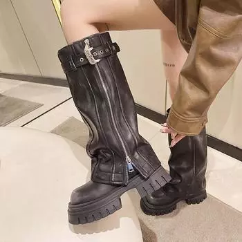 Женская обувь Брендовые женские сапоги с пряжкой на ремне Модные современные сапоги с боковой молнией Женские высококачественные сапоги с круглым носком до колена 35