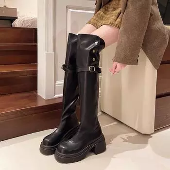 Женская обувь, брендовые женские сапоги выше колена, модные, без застежек, горячая распродажа, круглый носок, платформа, пряжка на ремне, сексуальная обувь для женщин 35