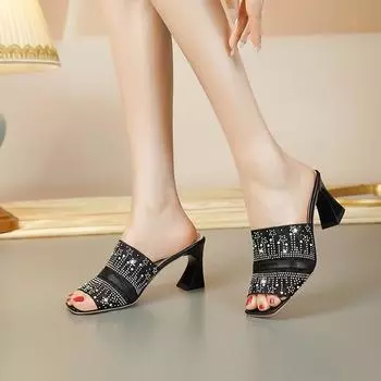Женская обувь, брендовые женские слипоны на высоком каблуке, летние модельные сандалии с квадратным носком, женские модные женские босоножки на каблуке с кристаллами 34 чёрный