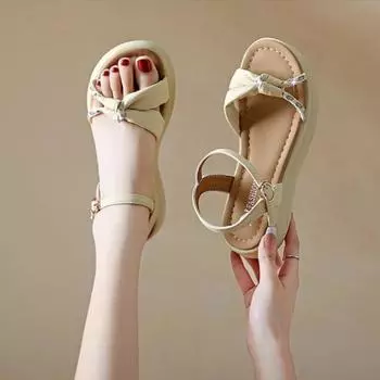 Женская обувь, черные летние босоножки на платформе 2024 года для женщин с бантом на среднем каблуке, удобная бесплатная доставка, предложение H 35 бежевый