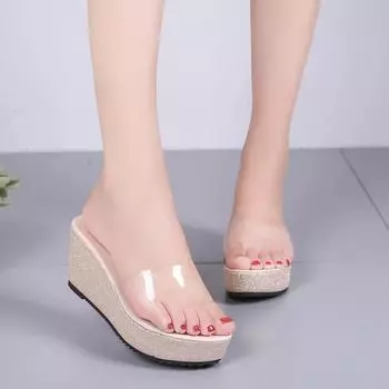 Женская обувь Comemore Platform 2024, новые прозрачные толстые женские летние сандалии, шлепанцы, модные тапочки, большие размеры 42 43 36 бежевый
