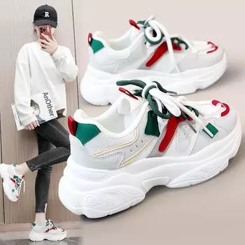 Женская обувь Daddy, весенне-летний сезон 2024, увеличивающая рост, дышащая, универсальная женская обувь из сетчатого материала на толстой подошве. 35 зелёный