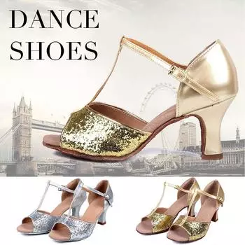 Женская обувь для бальных танцев на высоком каблуке 7 см с блестками, обувь для латинских танцев сальсы и танго 34 золотой
