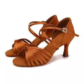 Женская обувь для бальных танцев, танго, латинского вальса, праздничная обувь для девочек на высоком каблуке 7 см 34 коричневый