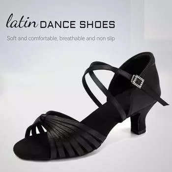 Обувь для бальных танцев для женщин и девочек, атласная, латиноамериканская, танго, сальса, мягкая подошва, каблук 5,5 см 34 чёрный