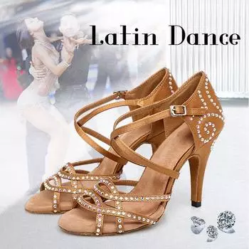 Женская обувь для латинских танцев, блестящие сандалии со стразами для девочек, сальса, вечерние танцевальные туфли на высоком каблуке 10 см 34 коричневый