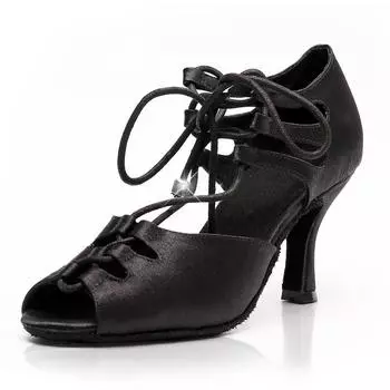 Женская обувь для латинских танцев DILEECHI, черные атласные туфли для сальсы, квадратные туфли для бальных танцев, регулируемая ширина для узких ремешков, кубинский каблук, мягкая подошва 75 мм 36 чёрный