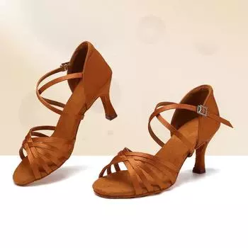 Женская обувь для латинских танцев на высоком каблуке, танцевальная обувь для вечеринок в стиле танго для девочек, женские атласные сандалии для сальсы, танцевальная обувь для бальных танцев 34 коричневый