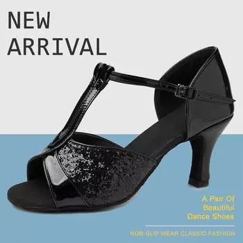 Женские атласные туфли для латинского танго, мягкие танцевальные туфли на высоком каблуке 7 см 34 чёрный