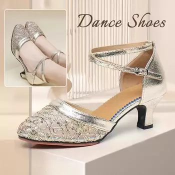 Модные женские туфли для латинских танцев, закрытый носок, танго, вальс, современные туфли для бальных танцев, каблук 5,5 см 34 бронзовый