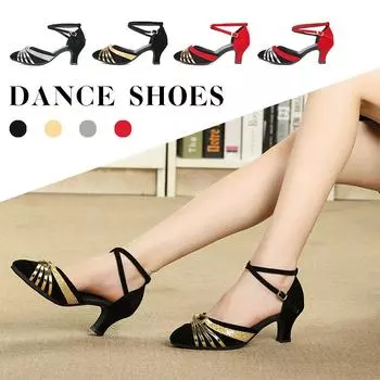 Модные женские туфли для латинских танцев, туфли для танцев вальс с закрытым носком, средний каблук 5,5 см 34 чёрный/золотой