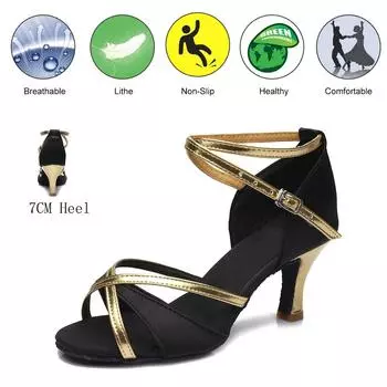 Женская обувь для латинских танцев сальсы для девочек, обувь для бальных танцев на каблуке 7 см 34 чёрный