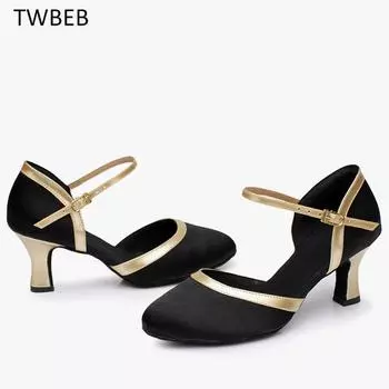 Женская обувь для латинских танцев SILK Ballroom Modern Pole Dance Shoes Женская обувь для сальсы, танго, средний каблук, закрытый носок, латинские туфли для девочек 34