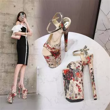 Женская обувь для ночного клуба с перьями, сексуальные босоножки для стриптиза с открытым носком, летние новые туфли-шпильки на очень высоком каблуке 26 см, разноцветные 35 чёрный