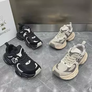 «Женская обувь для папы осень 2024 года: Повседневные кроссовки с толстой подошвой, увеличивающие рост, дышащие. чёрный