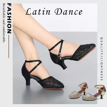 Женская обувь для социальных танцев, обувь для латинских танцев, женская обувь для взрослых из сетчатой пряжи, обувь с квадратной подошвой с мягкой подошвой 34 чёрный