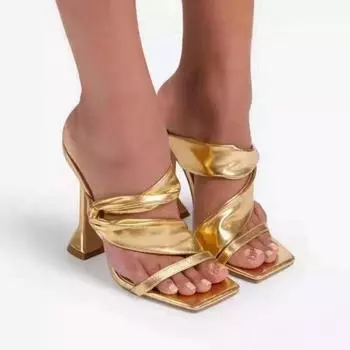 Женская обувь для вечеринок, летние туфли на высоком каблуке, большие размеры, модные плиссированные золотистые сандалии на шпильке, домашние тапочки 43 золотой