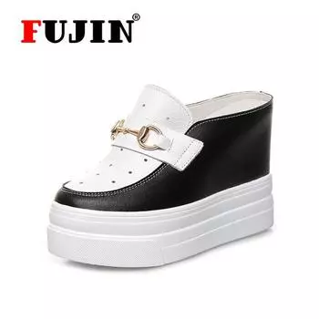 Женская обувь Fujin, дышащая непромокаемая обувь на танкетке из микрофибры, кожаная обувь на платформе, женские кроссовки, повседневная обувь 34 чёрный