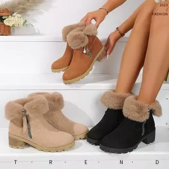 Женская обувь, горячая распродажа, короткие плюшевые женские сапоги, модные повседневные сапоги с боковой молнией, женские новые туфли до середины голени с круглым носком 36