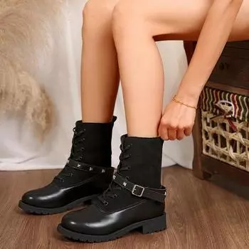 Женская обувь, горячая распродажа, осенние женские ботинки, шнуровка, круглый носок, однотонные, короткие, на низком каблуке, модные ботинки большого размера для взрослых 36 чёрный
