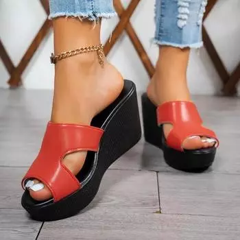 Женская обувь, горячая распродажа, женские тапочки с открытым носком, повседневные тапочки на платформе, женские сандалии на очень высокой танкетке с круглым носком 35 красный