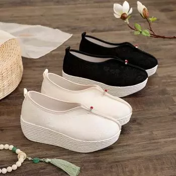 Женская обувь Hanfu Tianlian 2025: Однотонный темный цветочный принт, мягкая подошва, дышащие, национальный стиль, древний дизайн для медитации для студентов. Size 35