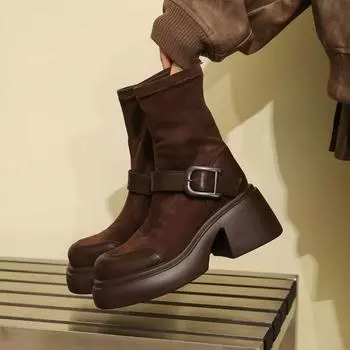Женская обувь, хит продаж, женские сапоги без застежек, модные современные сапоги с пряжкой на ремне, женские новые сапоги с круглым носком на высоком каблуке, телесного цвета 35