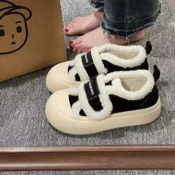 Женская обувь Huhu Velcro Mao Mao из молочного шелка 2024 года, новые теплые бархатные туфли из хлопка на платформе, удобные повседневные туфли для серфинга 35 чёрный