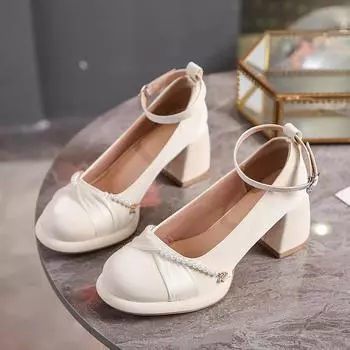 Женская обувь и кожаные туфли 2024 Весна и Осень Новые Туфли в стиле ретро Туфли на толстом каблуке Туфли Мэри Джейн на высоком каблуке с жемчугом 34 бежевый