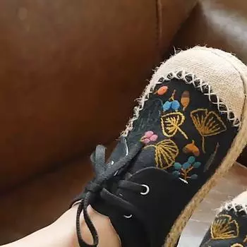 Женская обувь из хлопка и льна на плоской подошве, весенняя обувь на шнуровке с круглым носком и вышивкой, лаконичная удобная женская обувь ручной работы 35 чёрный