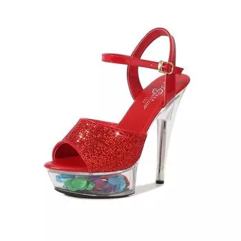 Женская обувь из лакированной кожи, высокие каблуки-шпильки со стразами, непромокаемые очень высокие сандалии, светящийся каблук 13 см, платформа 3 см LFD 34 чёрный