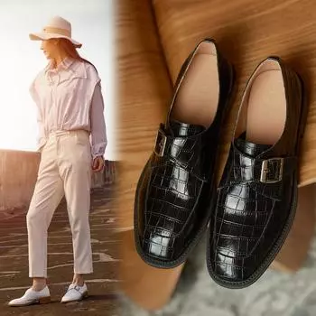 Женская обувь из натуральной кожи, модные лоферы без шнуровки с пряжкой и каменным узором, женская обувь ручной работы с круглым носком и толстым каблуком, размер 34–40 38 белый