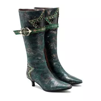 Женская обувь из натуральной кожи, модные сапоги до середины икры на толстом каблуке с разноцветным принтом и шнуровкой 36 зелёный