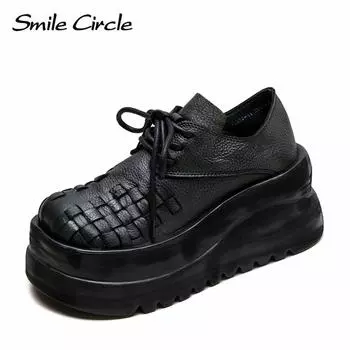 Женская обувь из натуральной кожи на шнуровке, высокие туфли на толстой подошве, модная удобная повседневная обувь 35 зелёный