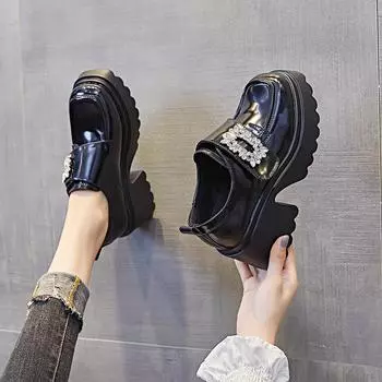 Женская обувь из натуральной кожи, ретро-обувь из британской кожи, осень 2024, новые элегантные женские туфли на каблуке, высококачественные мокасины со стразами 34 чёрный