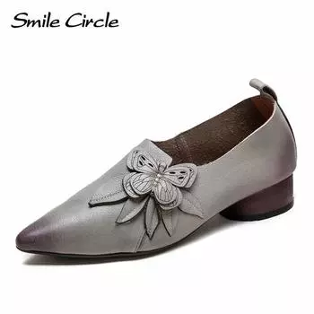 Женская обувь из натуральной кожи с острым носком, без застежек, модная повседневная обувь в стиле ретро 35 серый