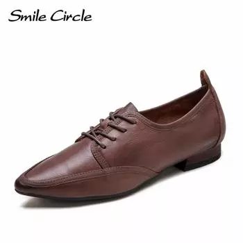 Женская обувь из натуральной кожи с острым носком на шнуровке на плоской подошве, модная повседневная обувь в стиле ретро 35 коричневый
