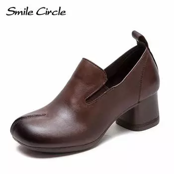 Женская обувь из натуральной кожи с круглым носком, на высоком каблуке, удобная модная повседневная обувь 35 коричневый