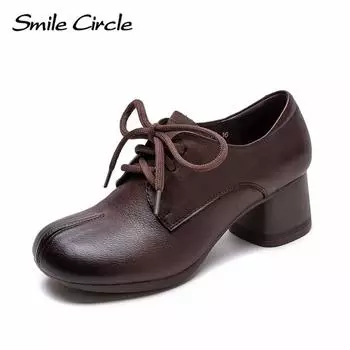 Женская обувь из натуральной кожи со шнуровкой и круглым носком на высоком каблуке. Удобная модная повседневная обувь. 35 коричневый