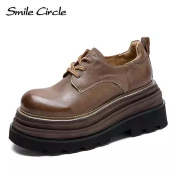Женская обувь из натуральной кожи, увеличивающая рост обувь на толстой подошве со шнуровкой, модная повседневная обувь в стиле ретро 34 коричневый