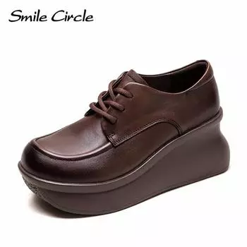 Женская обувь из натуральной кожи, увеличивающая рост обувь на толстой подошве со шнуровкой, модная повседневная обувь в стиле ретро 35 чёрный