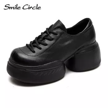 Женская обувь из натуральной кожи, увеличивающая рост обувь на плоской подошве со шнуровкой, модная повседневная обувь в стиле ретро 34 чёрный