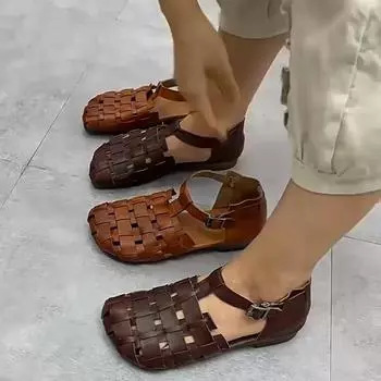 Женская обувь из натуральной кожи в стиле ретро, повседневные сандалии с пряжкой и круглым носком, с мягкой подошвой 35 коричневый