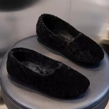 Женская обувь из натуральной шерсти 2025 года, осень-зима, новые туфли Mao Mao с одной педалью, теплые низкие туфли на плоской подошве, женские белые туфли 35