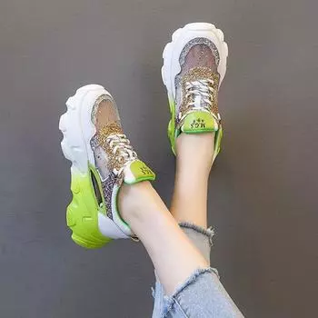 Женская обувь из сетчатой ткани, дышащая, высокая на платформе, на шнуровке, женская обувь, зеленая, шикарная, элегантная, рекламная обувь, корейские легкие тенденции 2024 года 35
