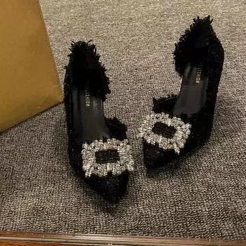 Женская обувь из ткани. Свадебная обувь. Женские блестящие туфли со стразами. Туфли на высоком каблуке с острым носком и квадратной пряжкой. 35 чёрный