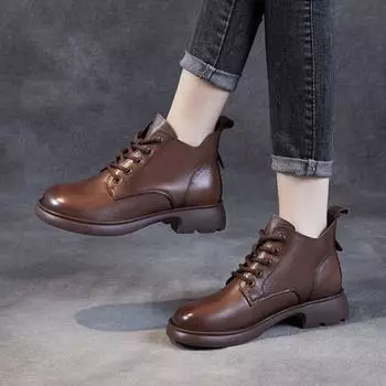 Женская обувь Johnature. Короткие ботинки из натуральной кожи. Повседневные однотонные универсальные ботинки на шнуровке. 34 чёрный